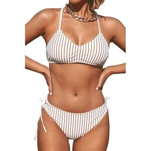 CUPSHE Striped Bikini Set White Orange Rust Halter‎ Side Tie Reversible Braid M